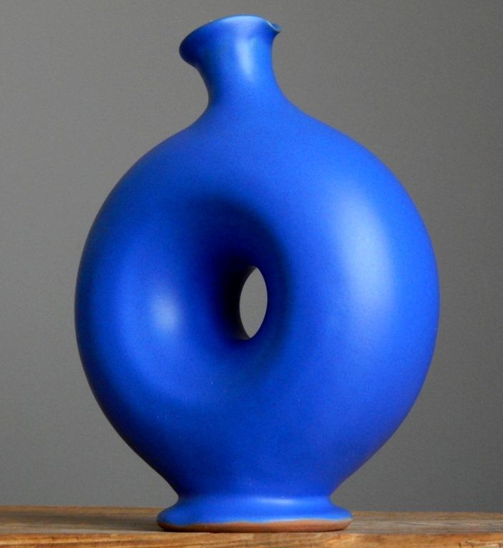 Modernist Op Art SCULPTURAL Blue Donut Vase Figure German Pottery Fat