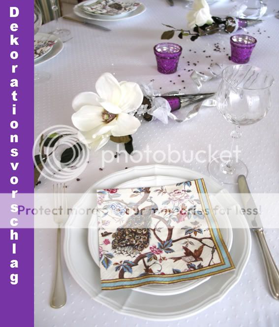 Tischdekoration lila Bauernsilber Hochzeit Silberhochzeit Tischgesteck