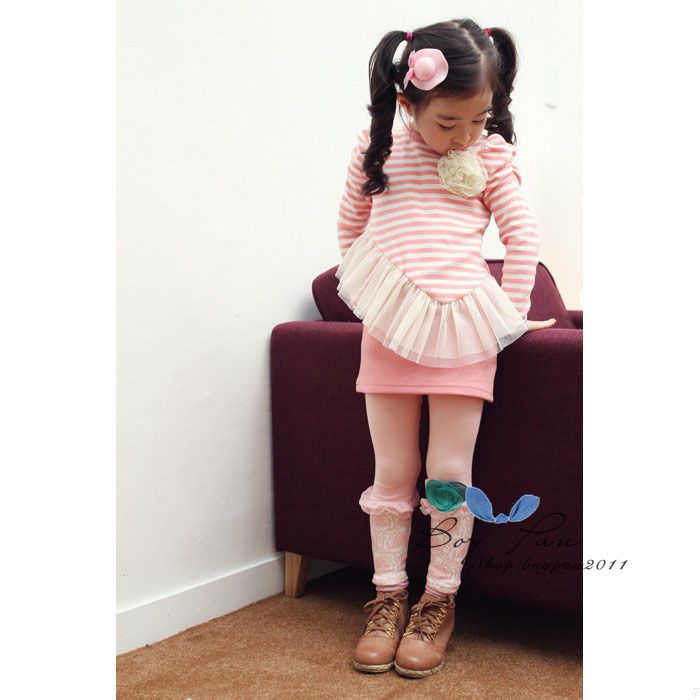 Kids Clothes Cute Girls Stripe Long Sleeve Oblique Yarn Skirt Dresses AGES2 7Y